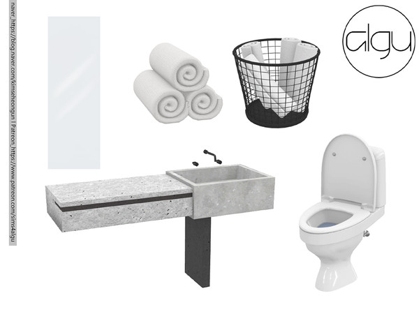 Sims 4 — [algu] modern bathroom set - toilet by ALGU — washbasin, toilet, pile of towels, towel basket, mirror.