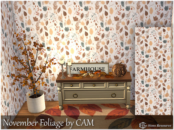Sims 4 — November Foliage Wall by coll22 — A leafy patterned, fall-colored wallpaper.