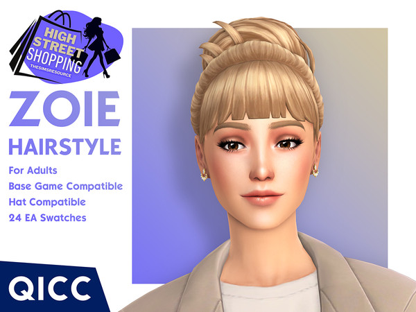 Sims 4 — High Street Shopping - Zoie Hair by qicc — A messy high bun with bangs. - Maxis Match
