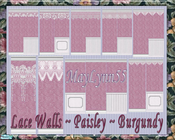 Sims 2 — Lace Walls ~ Paisley ~ Burgundy by maylynn55 — These walls are all burgundy with a paisley background. Made by