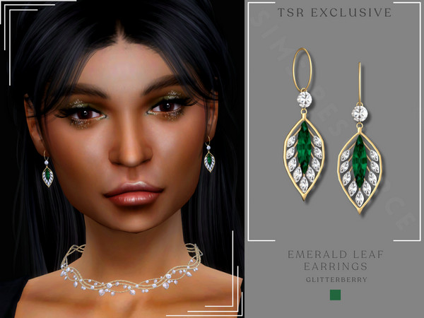 Sims 4 — Emerald Leaf Earrings by Glitterberryfly — A gold and emerald with diamond leaf earring