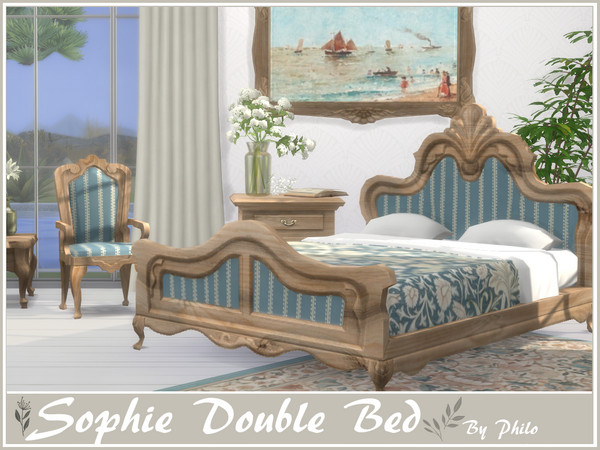 Sims 4 — Philo_Sophie Double Bed by philo — With its wooden furniture and floral fabrics, this set will give your country
