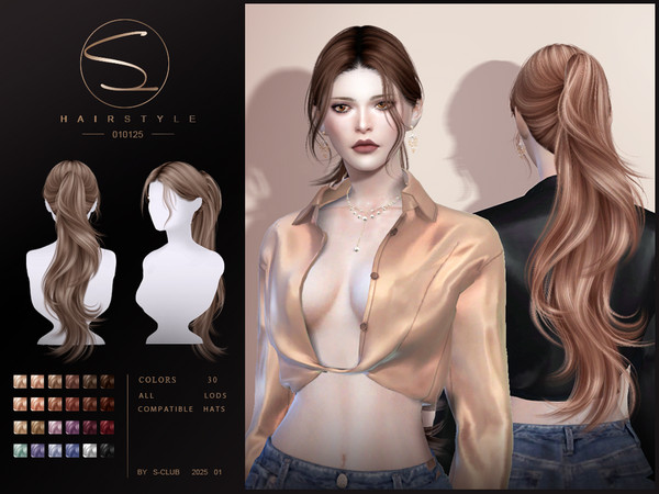Sims 4 — Long Ponytail hairstyle 010125 by S-Club by S-Club — Long Ponytail hairstyle with 24 colors, hope you like,