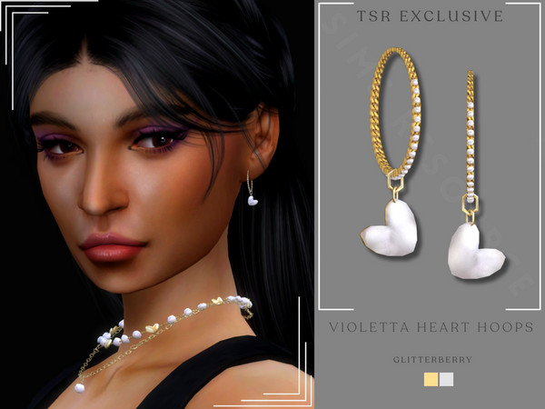Sims 4 — Violetta Heart Hoops by Glitterberryfly — A pearl and gold hoop earring with heart pendant