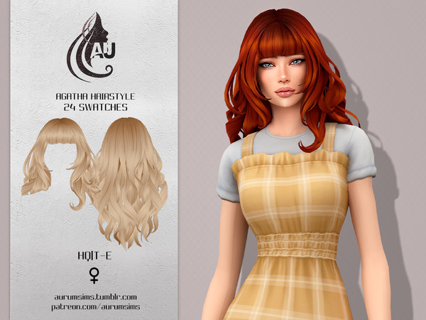 Sims 4 — Agatha - Hairstyle by Aurum — Maxis match long wavy hair with bangs in 24 EA swatches for female teen-elder sims