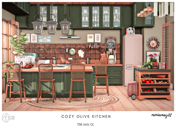 Sims 4 — Cozy Olive Kitchen TSR only CC by Moniamay72 — A beautiful cozy kitchen in green pink olive colors.