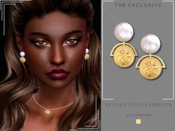 Sims 4 — Sydney Gold Earrings by Glitterberryfly — A big pearl stud earring with gold coin pendant
