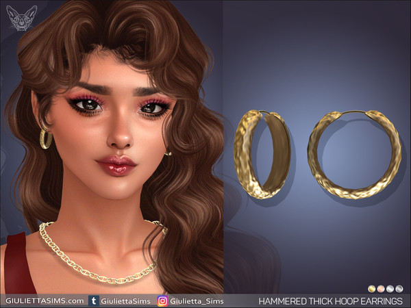 Sims 4 — Hammered Thick Hoop Earrings by feyona — Hammered Thick Hoop Earrings come in 4 colors of metal: yellow gold,