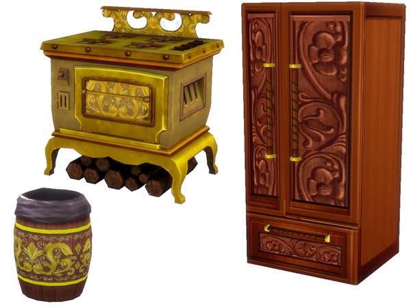 Sims 4 — Carved Wood Castle Kitchen Hutch by ayshala2 — Come for the amazing carved wood counter and stay for the garish