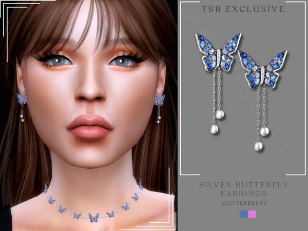 Sims 4 — Silver Butterfly Earrings by Glitterberryfly — A blue butterfly gemstone earring