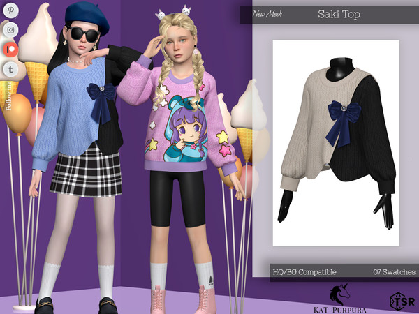 Sims 4 — Saki Top- Child by KaTPurpura — Long sleeve sweater with asymmetrical cut and bow