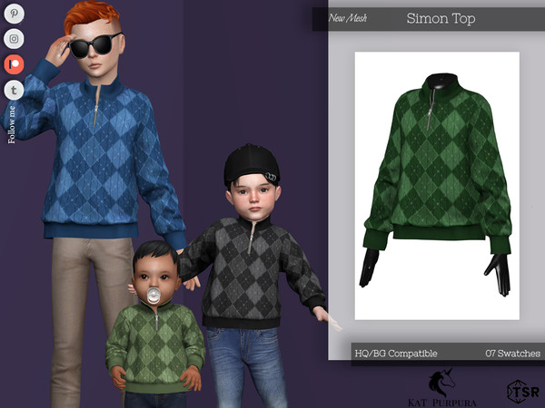 Sims 4 — Simon Top- Child by KaTPurpura — Long-sleeved sweater with diamond pattern and zipper with high neck