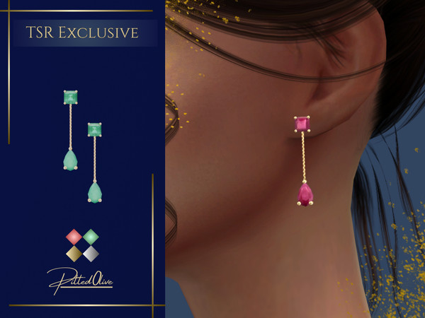 Sims 4 — Giovana Earrings by Pitted0live — Long drop earrings with emerald or ruby gemstones Custom catalog image