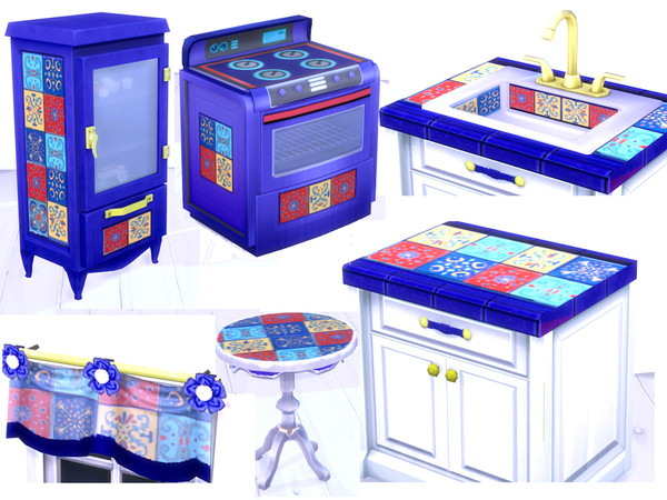 Sims 4 — Blue Mexican Tile Kitchen Counter by ayshala2 — Back to cobalt blue! This Mexican Tile Kitchen Set is both