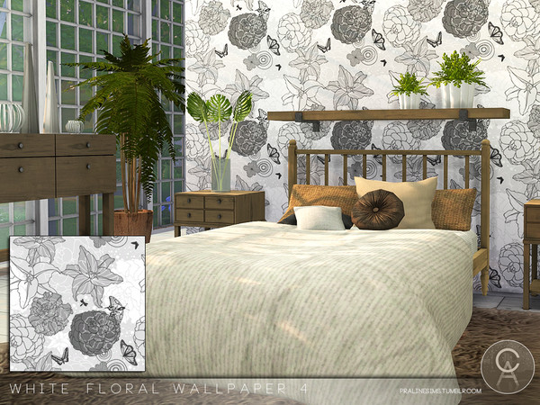 Sims 4 — White Floral Wallpaper 4 by Pralinesims — By Pralinesims