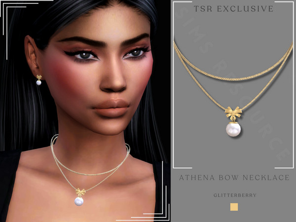 Sims 4 — Athena Bow Necklace by Glitterberryfly — A gold chain necklace with gold pearl pendant