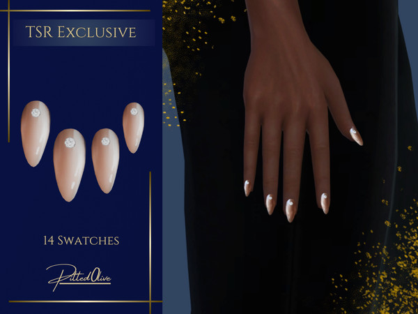 Sims 4 — Gemstone Decal Nails by Pitted0live — Almond shaped neutral colored nails with gem decals Custom catalog image