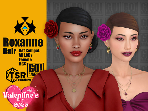 Sims 4 — Roxanne Hair by GoAmazons — Asymmetrical neat updo with a rose. Luxurious hairstyle for Valentine's Day!