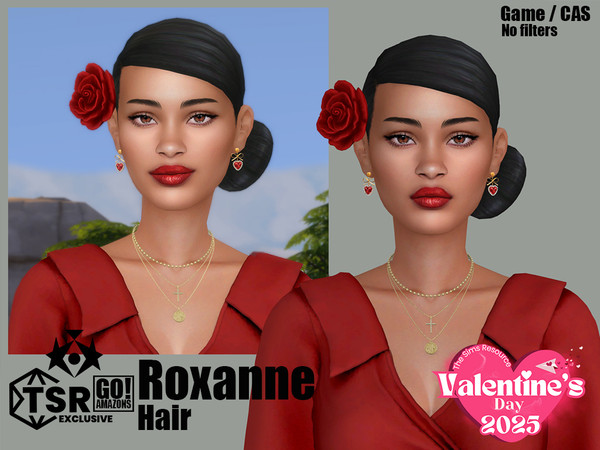 Sims 4 — GOAmazons_RoxanneHairAcc.package by GoAmazons — Asymmetrical neat updo with a rose. Luxurious hairstyle for
