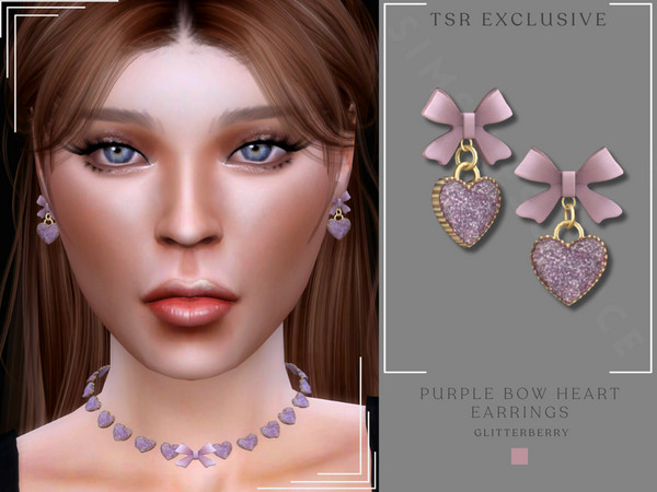 Sims 4 — Purple Bow Heart Earrings by Glitterberryfly — A purple bow earring with heart pendant