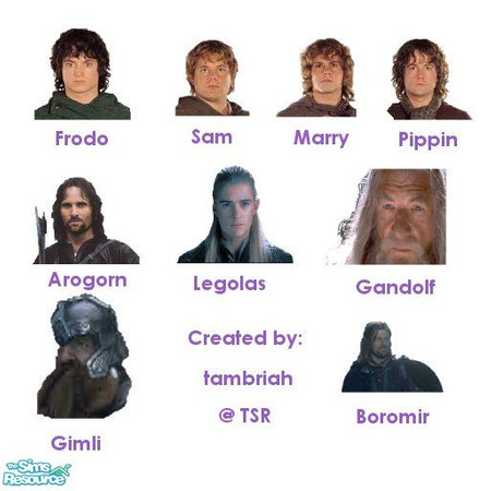Sims 2 — tams LOTR set 1 by tambriah — 9 adult & young adult shirt with pictures of the 9 members of \"The