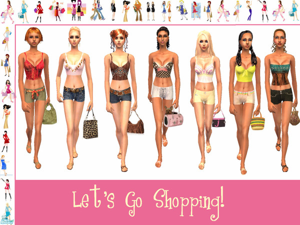 Sims 2 — Let's Go Shopping by JewelRolls — Seven summer shorts sets for your shopping sims. (Say that tongue twister