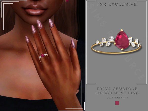 Sims 4 — Freya Gemstone Engagement Ring by Glitterberryfly — A gold engagement ring with diamonds and red gemstone