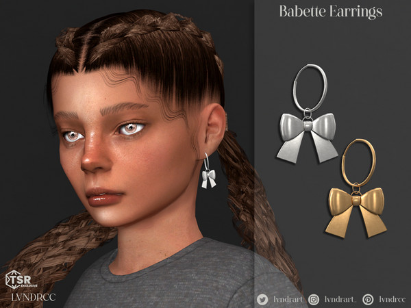 Sims 4 — Babette Earrings (Children) by LVNDRCC — Small hoops with a bow charm, in polished gold and silver.