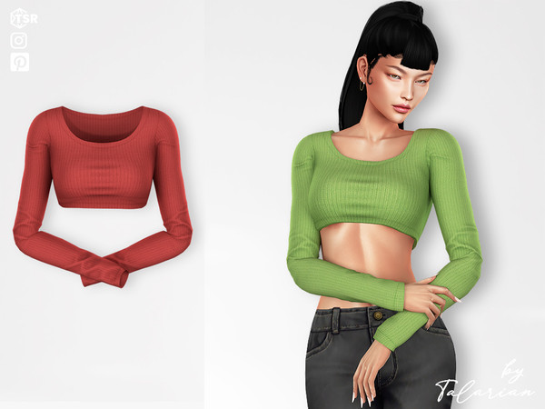 Sims 4 — Alanna Top by talarian — A ribbed long-sleeve crop top with a scoop neckline Available in 38 colors All maps,
