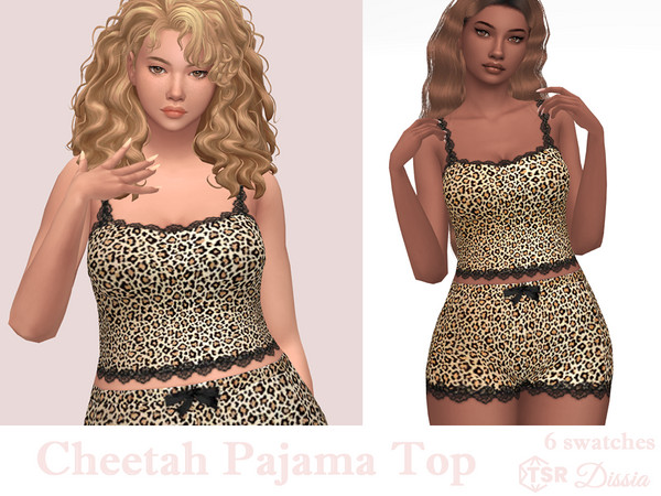 Sims 4 — Cheetah Pajama Top by Dissia — Short leopard pattern sleepwear tank top with lace