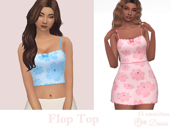 Sims 4 — Flop Top by Dissia — Short floral tank top with lace