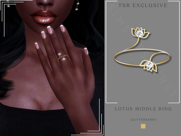 Sims 4 — Lotus Middle Ring by Glitterberryfly — A gold lotus middle ring with diamonds
