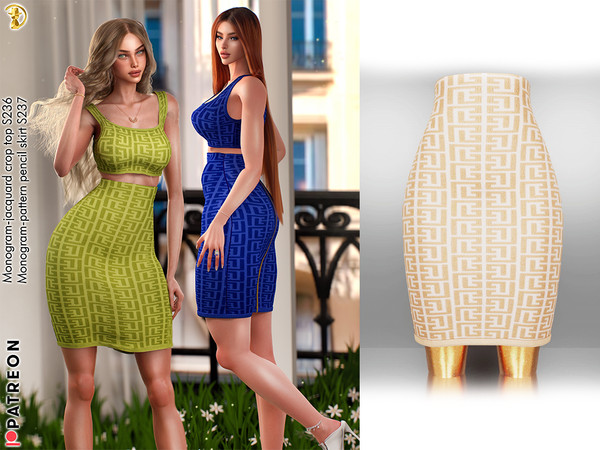 Sims 4 — PATREON - Monogram-pattern pencil skirt S237 by Daph's — 10 Swatches