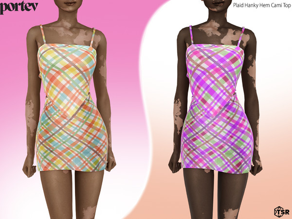 Sims 4 — Plaid Hanky Hem Cami Top by portev — new Mesh 8 colors