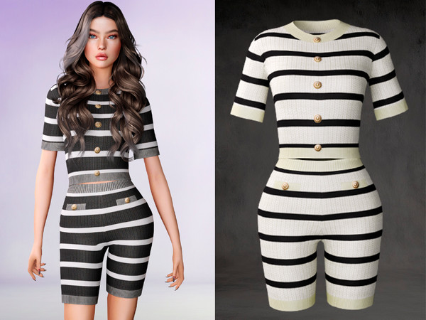 Sims 4 — Striped knit shorts and t-shirt by _Hubble — Stylish striped knitted set of shorts and t-shirt. Designed in 3