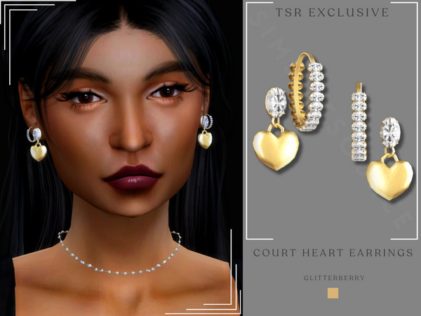 Sims 4 — Court Heart Earrings by Glitterberryfly — A double stack earring with a gold heart and diamonds