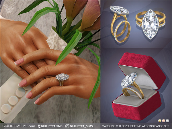 Sims 4 — Marquise Cut Bezel Setting Diamond Wedding Rings Set by feyona — Marquise Cut Bezel Setting Diamond Wedding
