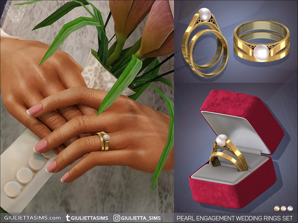 Sims 4 — Pearl Wedding Rings Set by feyona — Pearl Wedding Rings Set comes in 3 colors of gold: yellow, white, rose.