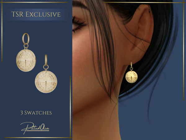 Sims 4 — North Hoop Earrings by Pitted0live — Hoop earrings with compass embossed circle charms Custom catalog image