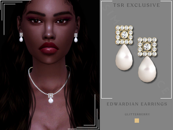 Sims 4 — Edwardian Pearl Earrings by Glitterberryfly — A white pearl earring with edwardian diamonds