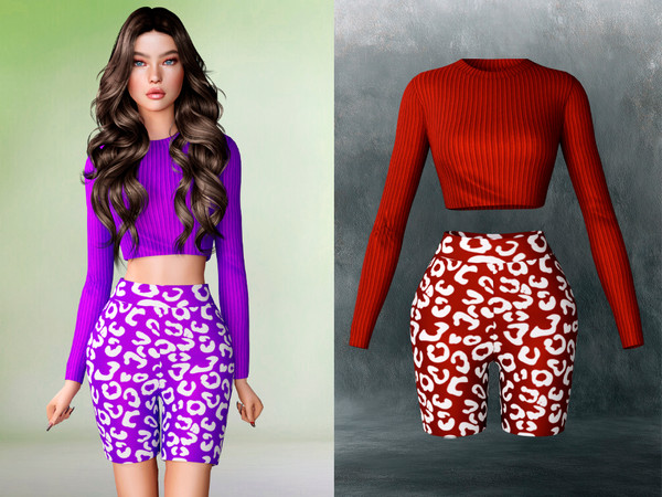 Sims 4 — Leopard shorts and long sleeve by _Hubble — Leopard shorts and long sleeve in 7 colors