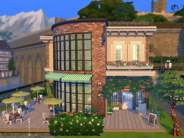 Sims 4 — Garden Cafe (no cc) by EMMMcc — Presenting an industrial greenhouse embedded in a Victorian-style building. This