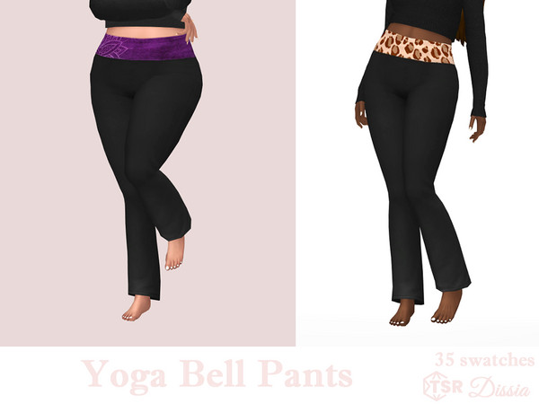 Sims 4 — Yoga Bell Pants by Dissia — Black y2k yoga flare bottoms with patterned top part