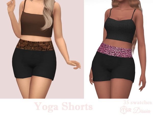 Sims 4 — Yoga Shorts by Dissia — Black y2k yoga shorts with patterned top part