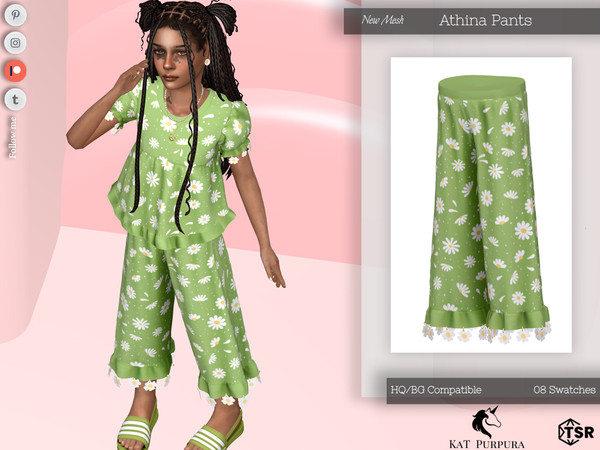 Sims 4 — Athina Pants- Child by KaTPurpura — Long pants with ruffles and floral pattern