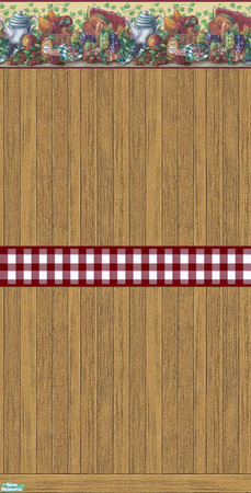 Sims 2 — Harvest Kitchen - Wallpaper by Riverwillows — Warm brown wood paneling, with harvest fruits border, and red