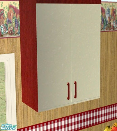 Sims 2 — Harvest Kitchen - High Shelf #1 by Riverwillows — A nice cozy kitchen, done in harvest reds, cream, and checks.