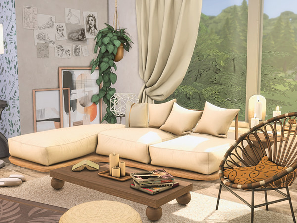Sims 4 — Stone Living Room by WrzosoweMarzeniaa — Spacious living room created in boho-modern style. Room Type: Living