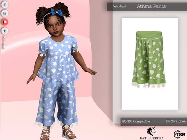 Sims 4 — Atina Pants- Toddler by KaTPurpura — Long pants with ruffles and floral pattern