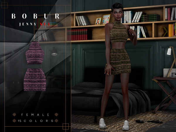 Sims 4 — Bobur Jenny Skirt.package by Bobur2 — Set of tank top and short skirt made of tweed fabric 15 swatches for